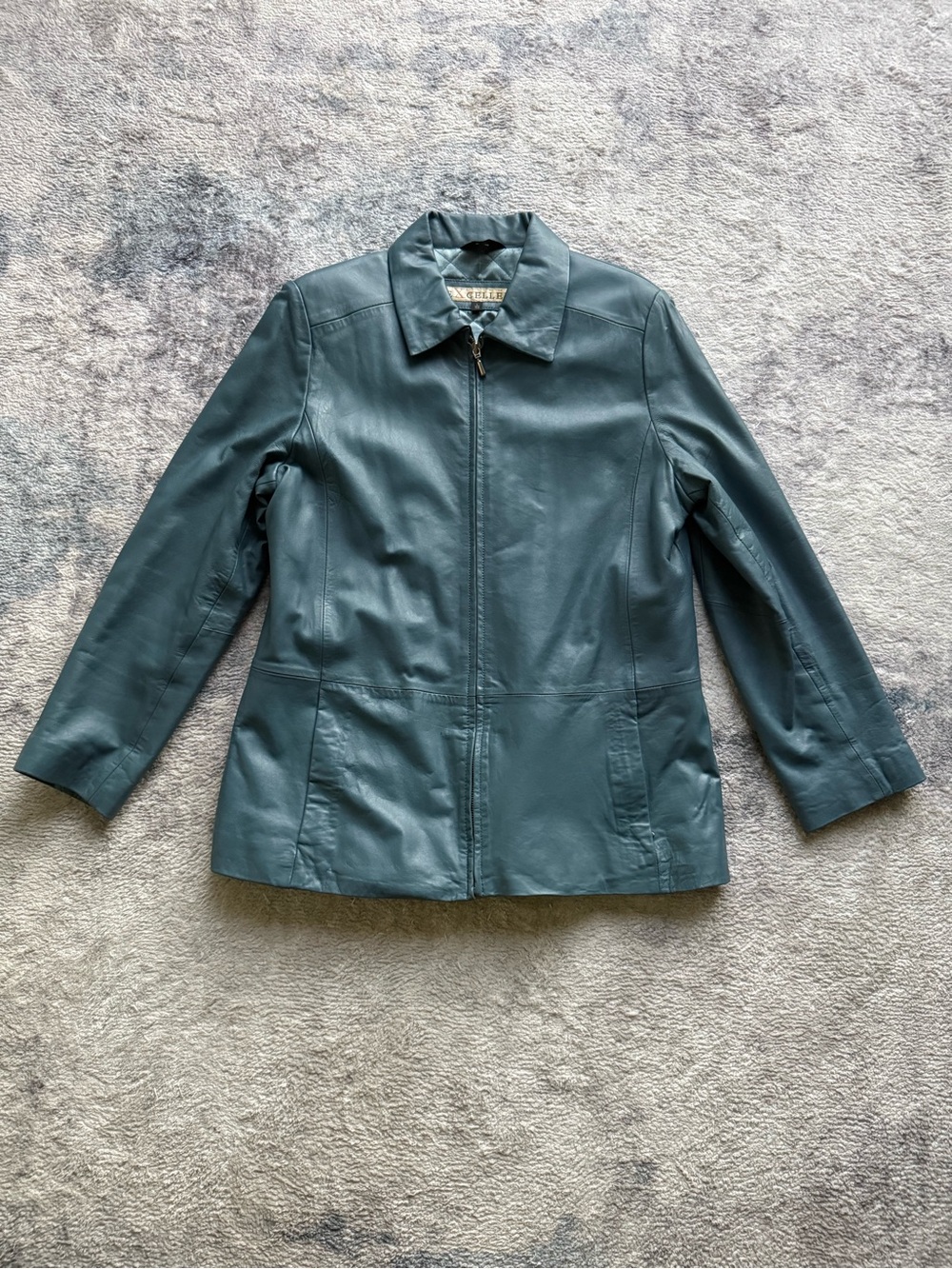 Vintage 90s Excelled Genuine Leather Jacket Large Blue Teal Zip Quilted Lined